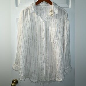 Aerie Pool to Party Cover Up Button Down Shirt White with Gold Metallic Stripes